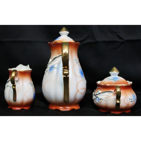 5 Pc Orange Moriage Dragonware Tea Set Teapot Sugar Bowl Creamer Pitcher Japan - Picture 7 of 11